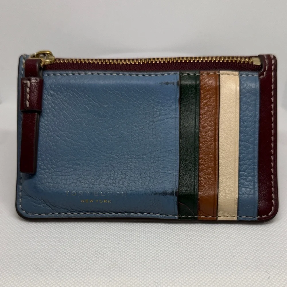TORY Burch Perry Color Block Top-Zip Card Case Pebbled Leather